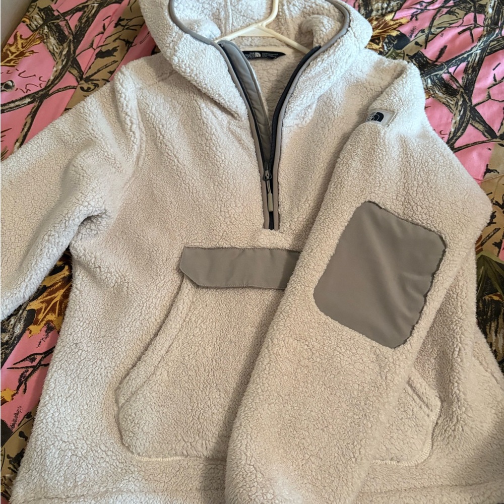 The North Face White and Gray Sherpa Fleece Jacket